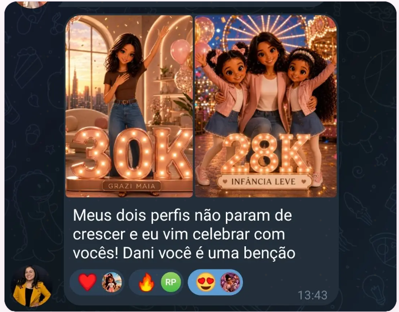 Aluna comemorando 30K e 28K de seguidores em dois perfis