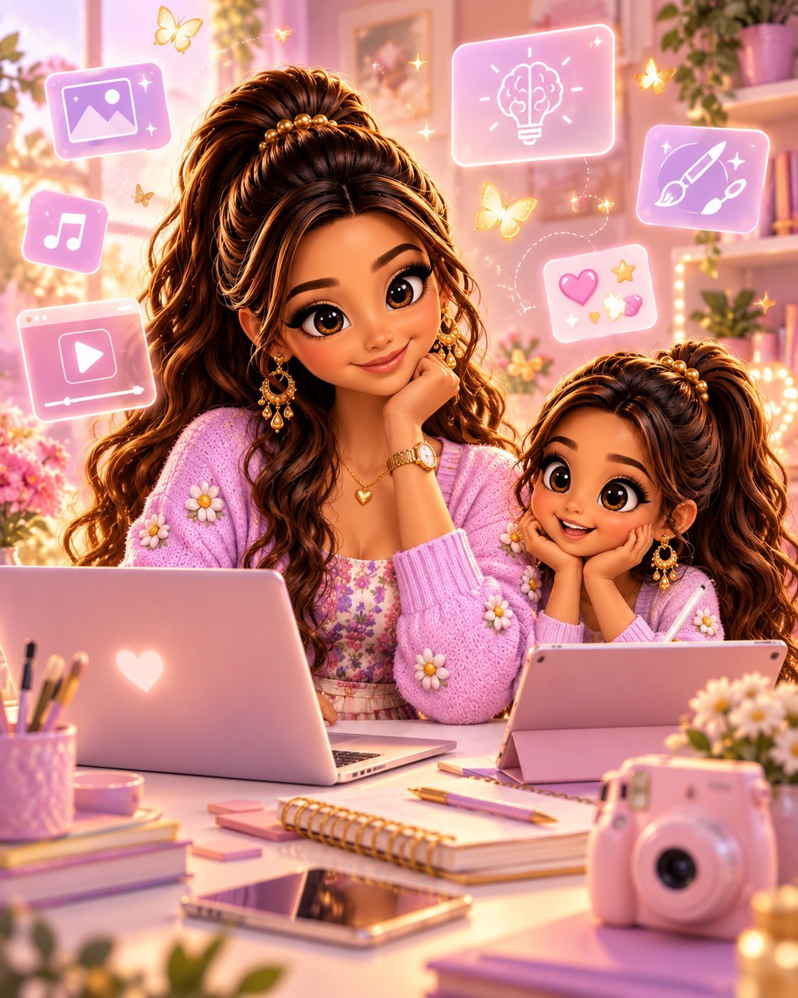 Mãe e filha criando conteúdo com IA — fotos, vídeos, músicas e ideias